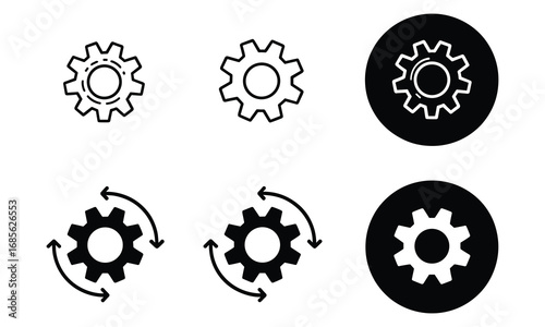 Icons of gears and rotating arrows in outline and solid black on white Keywords: gear, cog, mechanism, setting, process, rotation