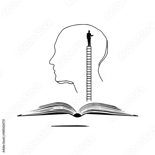 Knowledge and learning concept man climbing ladder to head open book for self improvement and growth idea