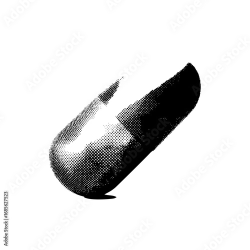 Black and white halftone illustration of a capsule pill medication healthcare treatment remedy supplement pharmacy