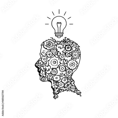 Human head silhouette with gears and light bulb concept for thinking idea and innovation creativity 100