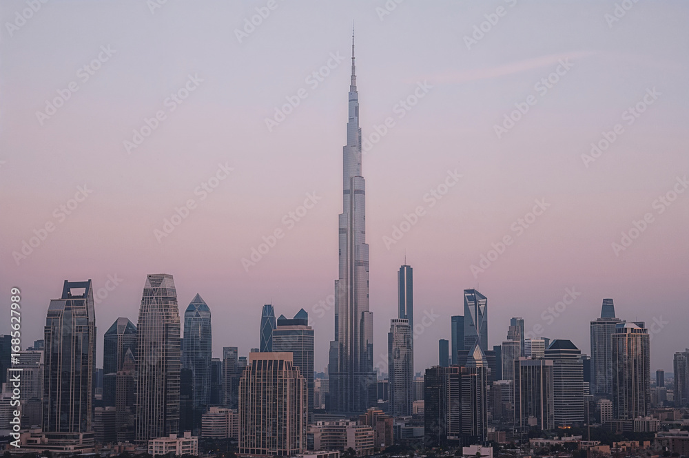 Naklejka premium Modern city skyline at dusk panoramic view with tallest skyscraper
