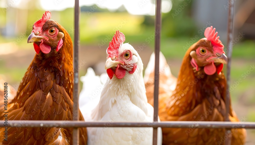 Fototapeta premium Close-up of three chickens behind a metal fence; one white and two brown. Green background