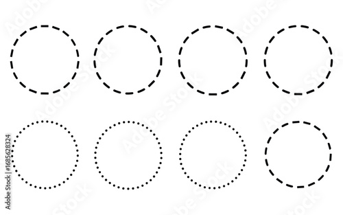 Set of eight dashed and dotted circle outlines on white background vector illustration