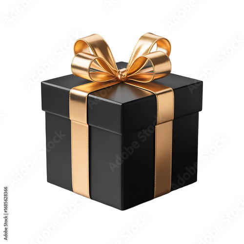 Elegant black gift box tied with a luxurious golden ribbon and bow isolated on transparent background