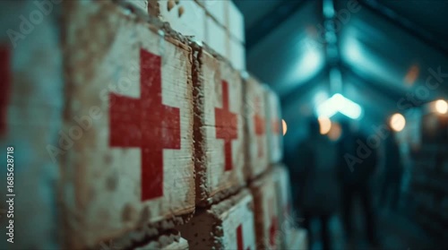 Humanitarian crisis urban shelter filled with displaced families and stacked aid supplies