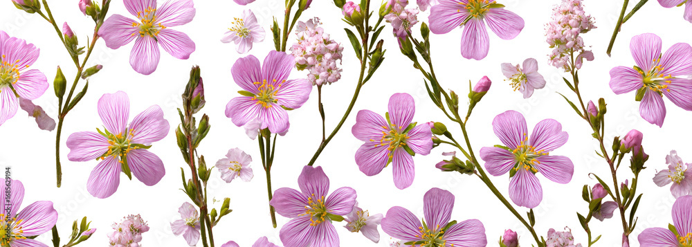 Fototapeta premium Close-up view of numerous small, light pink flowers. Each flower has a defined, outlined shape and many are clustered closely together on stems. Green stems and buds are visible throughout
