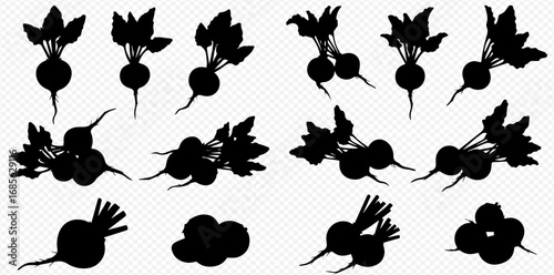 Black silhouettes of fresh beetroots with leaves and roots in various arrangements on a transparent background.