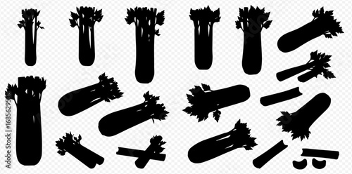 Black silhouettes of whole and cut celery stalks and pieces arranged on a transparent background.
