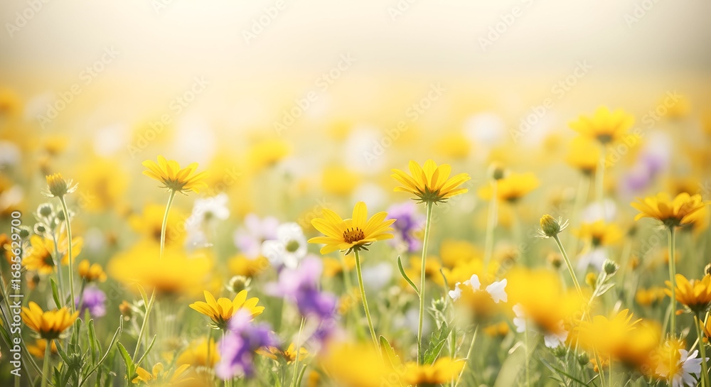 Fototapeta premium Serene meadow of wildflowers bathed in golden light creates a peaceful atmosphere perfect for springtime