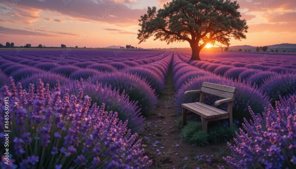 Fototapeta premium Serene sunset over a lavender field, a solitary wooden bench sits beneath a majestic tree.