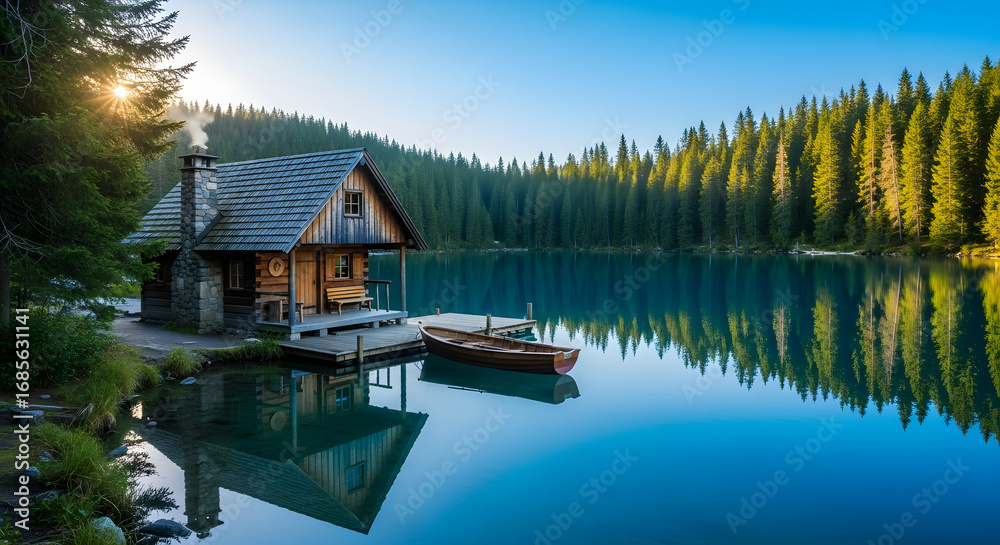 Obraz premium Picturesque Lake Cabin Retreat with Tranquil Waters and Forest Scenery