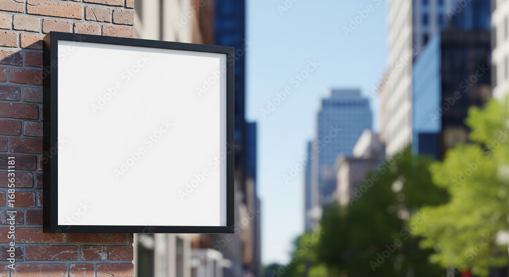 Fototapeta premium A blank square sign with a black frame mounted on a brick wall in a city street.