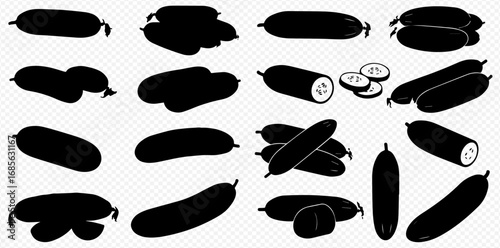 A comprehensive set of black cucumber and gherkin silhouettes, depicting whole and sliced vegetables in various forms and arrangements.