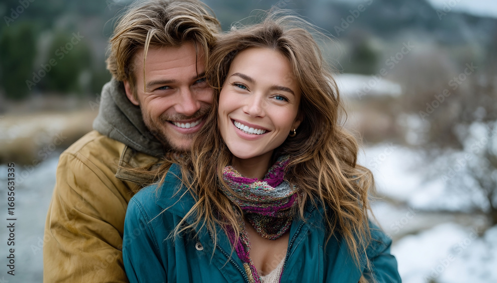 Fototapeta premium Happy couple smiling outdoors in winter clothing with blurred snowy background and natural scenery