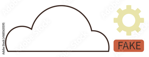 Cloud outline, yellow gear, red fake label representing scrutiny, uncertainty, and skepticism about technology, online platforms, or digital authenticity. Ideal for cloud computing, technology