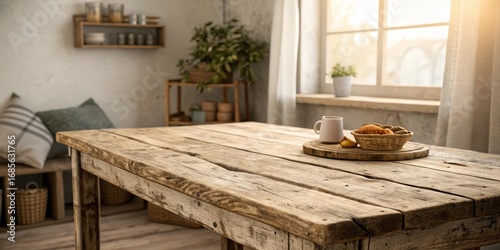 Rustic Wooden Table with Morning Light, Bread and Coffee, farmhouse , kitchen