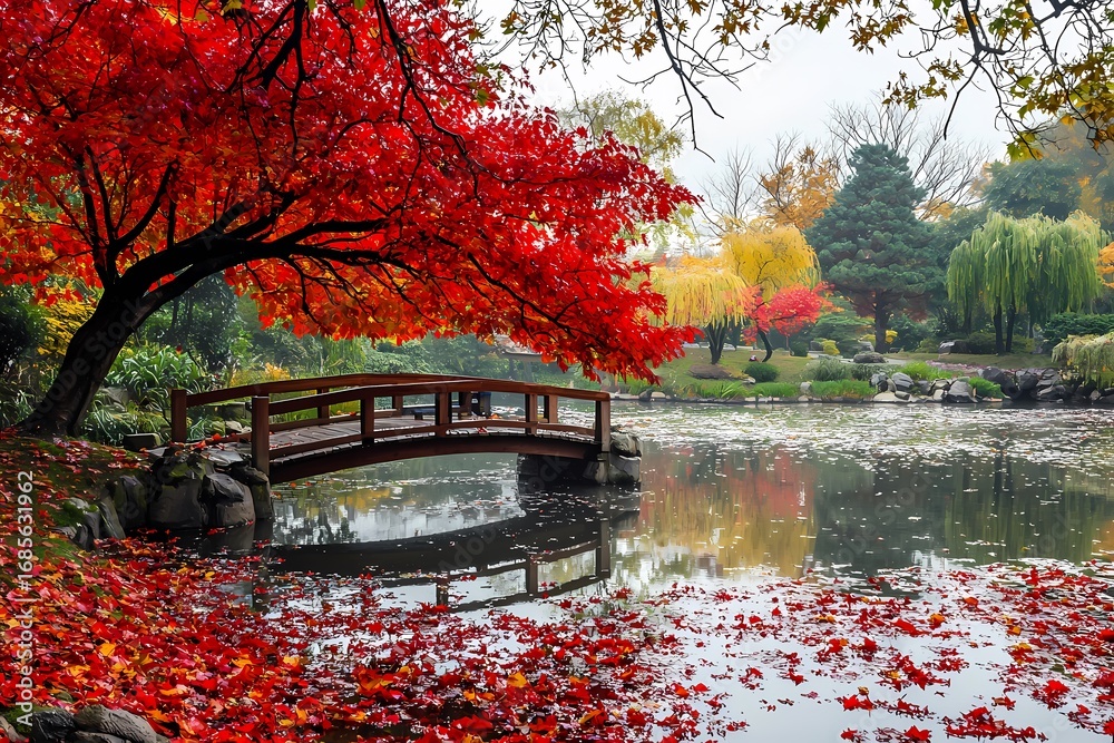 custom made wallpaper toronto digitalSerene autumnal pond scene vibrant red maple leaves wooden bridge reflecting in calm water soft light peaceful fall