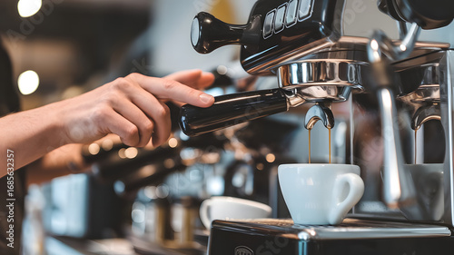 A close-up shot of a barista's hand pressing the button on an espresso machine.