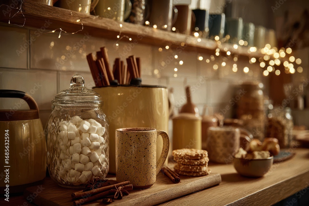 Fototapeta premium Cozy Kitchen Scene with Warm Drinks and Sweet Treats in Evening Light
