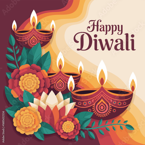 Happy Diwali Illustration with Diya Lamps, Flowers, and Decorations