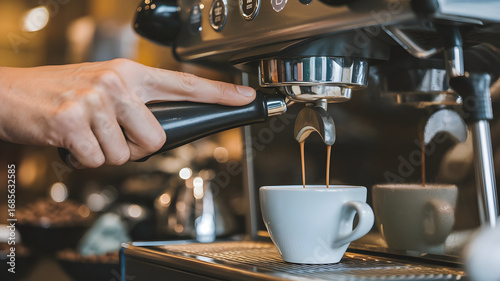 A photo of a barista's hand pressing the button on an espresso machine.