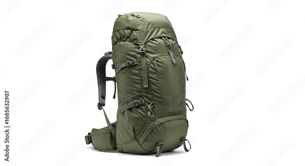 Naklejka premium Large olive green technical hiking backpack with multiple compression straps and pockets.