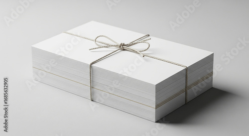 A neatly stacked ream of blank white paper tied with natural twine and a bow, presented on a clean, light background.
