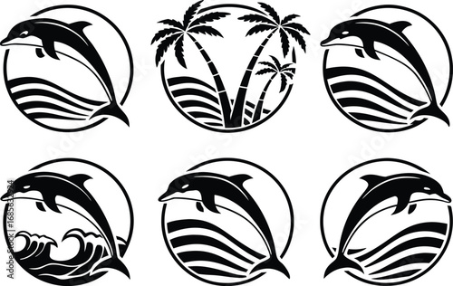 Tropical Paradise Logos Featuring Dolphins and Palm Trees Embodying Marine Life and Serene Island Getaways in Circular Black and White Designs