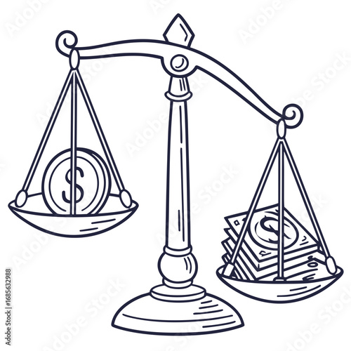 Money balance concept weighing single coin against stack of bills for financial planning