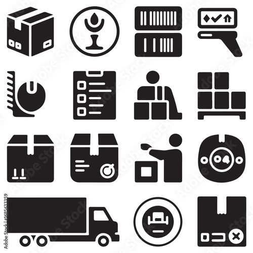 Collection of black and white icons representing logistics shipping and delivery services including boxes trucks and scanning equipment