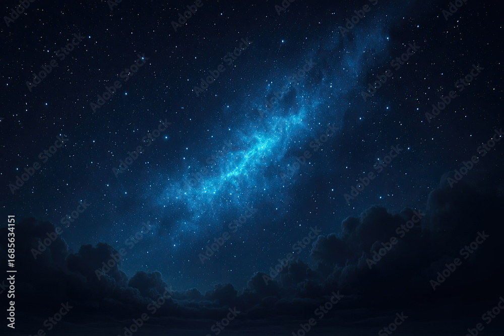 Fototapeta premium A breathtaking cosmic spectacle unfolds as a vibrant blue nebula streaks across the inky expanse of the night sky, adorned with countless twinkling stars, hovering majestically above a mysterious arra