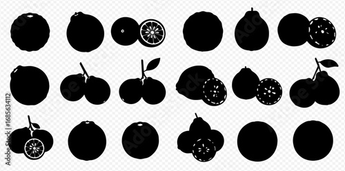 Black silhouettes of various fruits including whole and sliced citrus, berries, and pears on a transparent background.