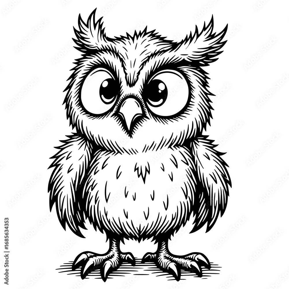 Obraz premium A charming and whimsical owl illustration, crafted with meticulous detail in a classic, black-and-white aesthetic.