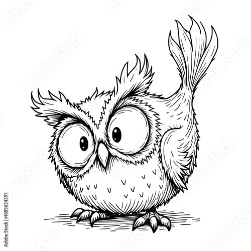 A cute and captivating cartoon owl, rendered in detailed black and white line art, perches with an inquisitive expression.