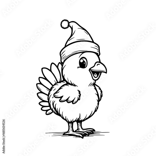 A cute, whimsical chick wearing a festive Santa hat, radiates cheer and anticipation of the holiday season. Crafted with playful lines, it is a joyful illustration.