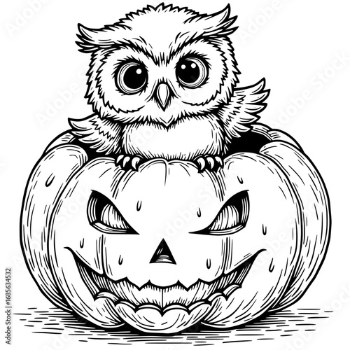 A charming owl perched atop a carved pumpkin, a whimsical Halloween illustration filled with spooky charm, a great Halloween decoration design.