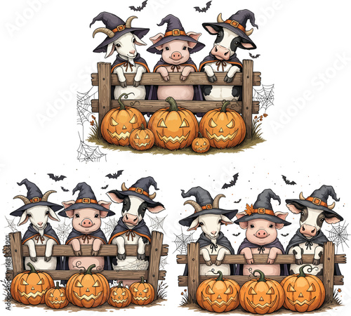 Cute farm animals celebrating Halloween in witch costumes with jack-o-lanterns. Set of cartoon illustrations of a cow, pig, and goat.