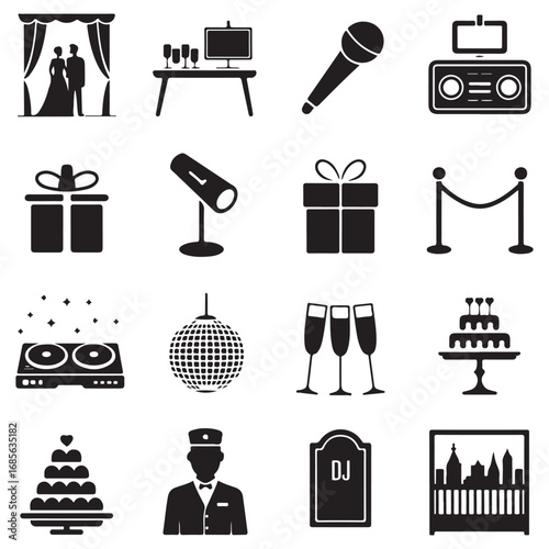 Collection of black and white icons representing wedding and party elements for celebrations and events