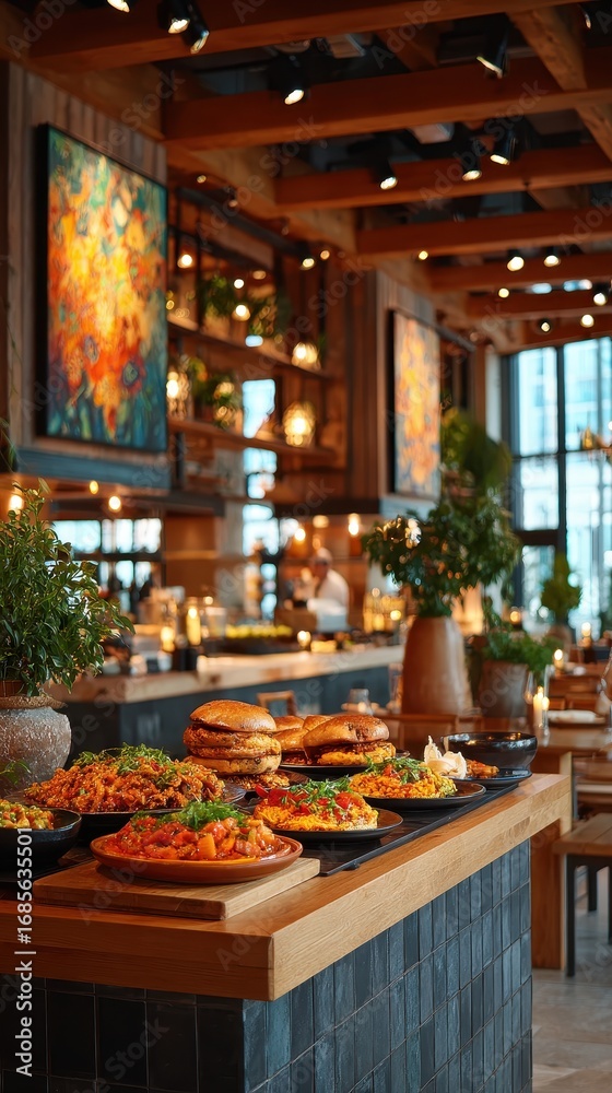Obraz premium Restaurant Buffet with Burgers and Pasta Dishes in Modern Interior