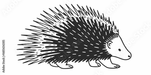 Illustration of a spiny echidna with black and white coloring walking on a white background image on transparent background