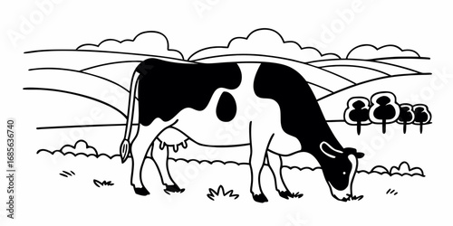 Black and white illustration of a cow grazing in a field with trees and rolling hills in the background on transparent background