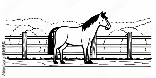Illustration of a horse standing near a wooden fence with bushes in the background in black and white style on transparent background