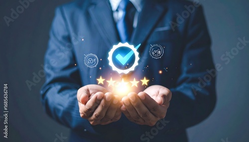 Businessman holding glowing approval icons in hands