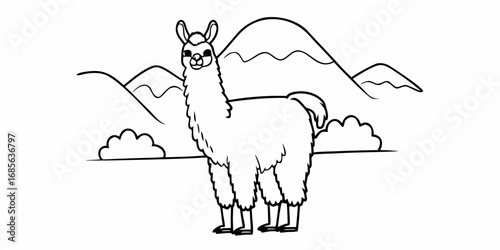 A simple line drawing of a llama standing in front of mountains and some fluffy clouds in black and white on transparent background
