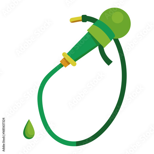 Green garden hose with sprayer water vector on white background.