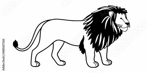 Illustration of a majestic lion with a prominent mane standing in profile on a white background outline style on transparent background
