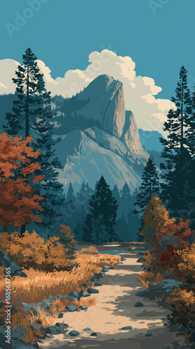 vector illustration, yosemite national park, attractive touristic advertisement poster, beautiful touristic must-see destination. Beautiful tourist destination, usa. Outdoor travel hiking destination.