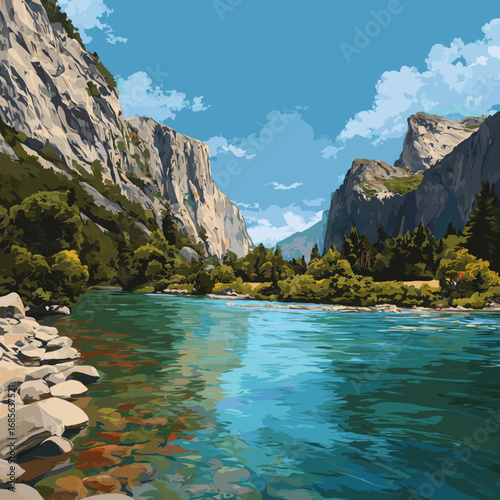 vector illustration, yosemite national park, attractive touristic advertisement poster, beautiful touristic must-see destination. Beautiful tourist destination, usa. Outdoor travel hiking destination.