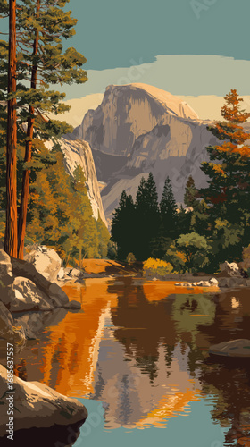 vector illustration, yosemite national park, attractive touristic advertisement poster, beautiful touristic must-see destination. Beautiful tourist destination, usa. Outdoor travel hiking destination.