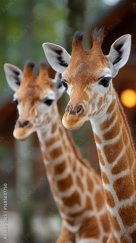 Fototapeta premium Two Curious Giraffe Calves Looking at the Camera in Natural Habitat